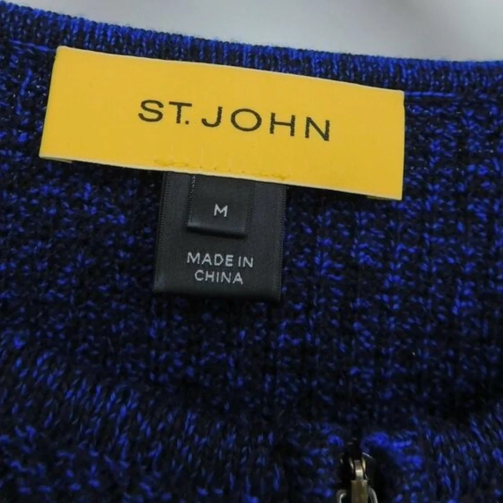 EUC St. John Blue and Black Leather Trim Full Zip Cardigan Sweater Sz Medium